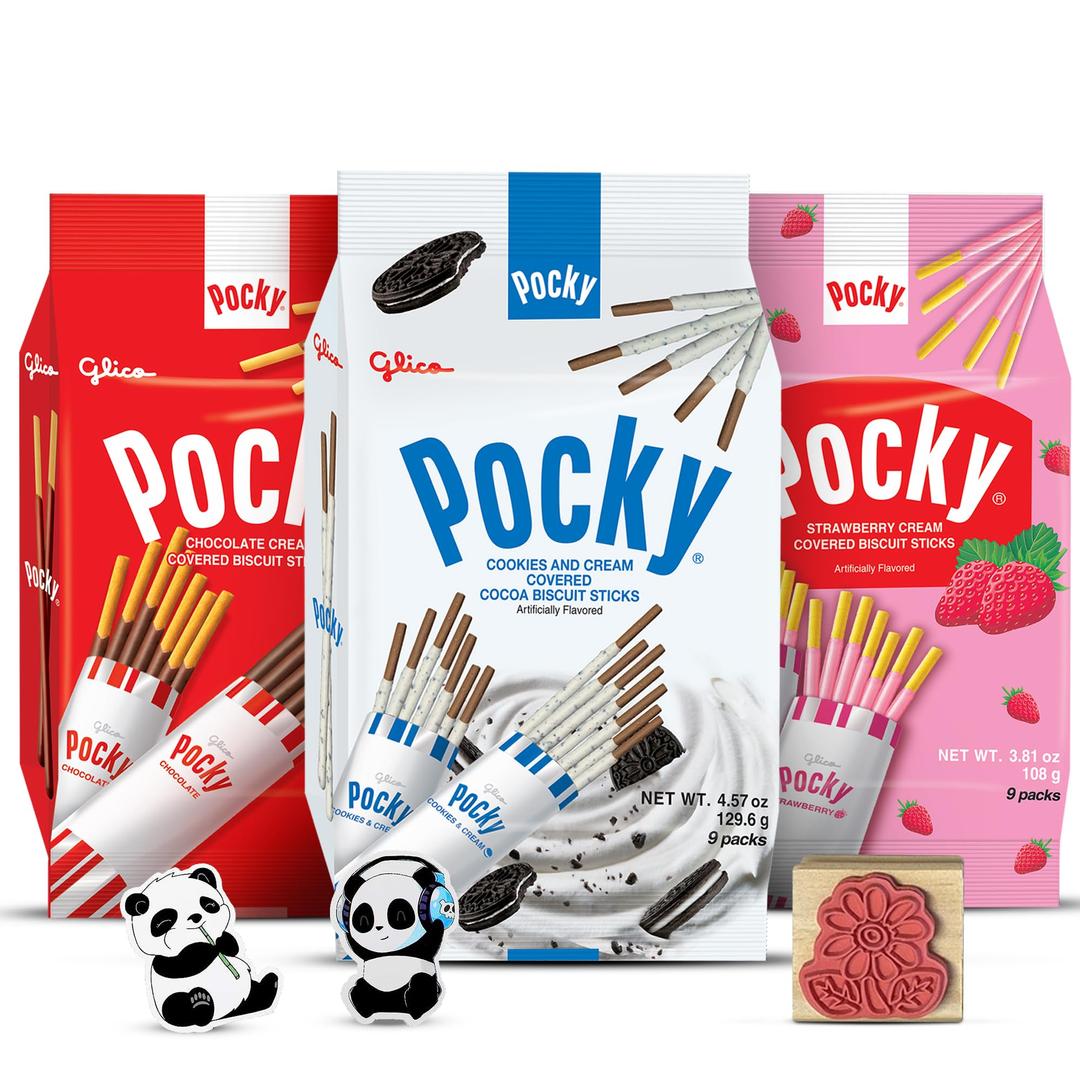 Pocky Sticks Japanese Snacks Variety Pack of 3 (12.5 Total OZ) - Poky Stix Strawberry, Chocolate, Cookies, and Cream Asian Candy w/ 2 Grateful Grocer Panda Stickers and Wooden Stamp