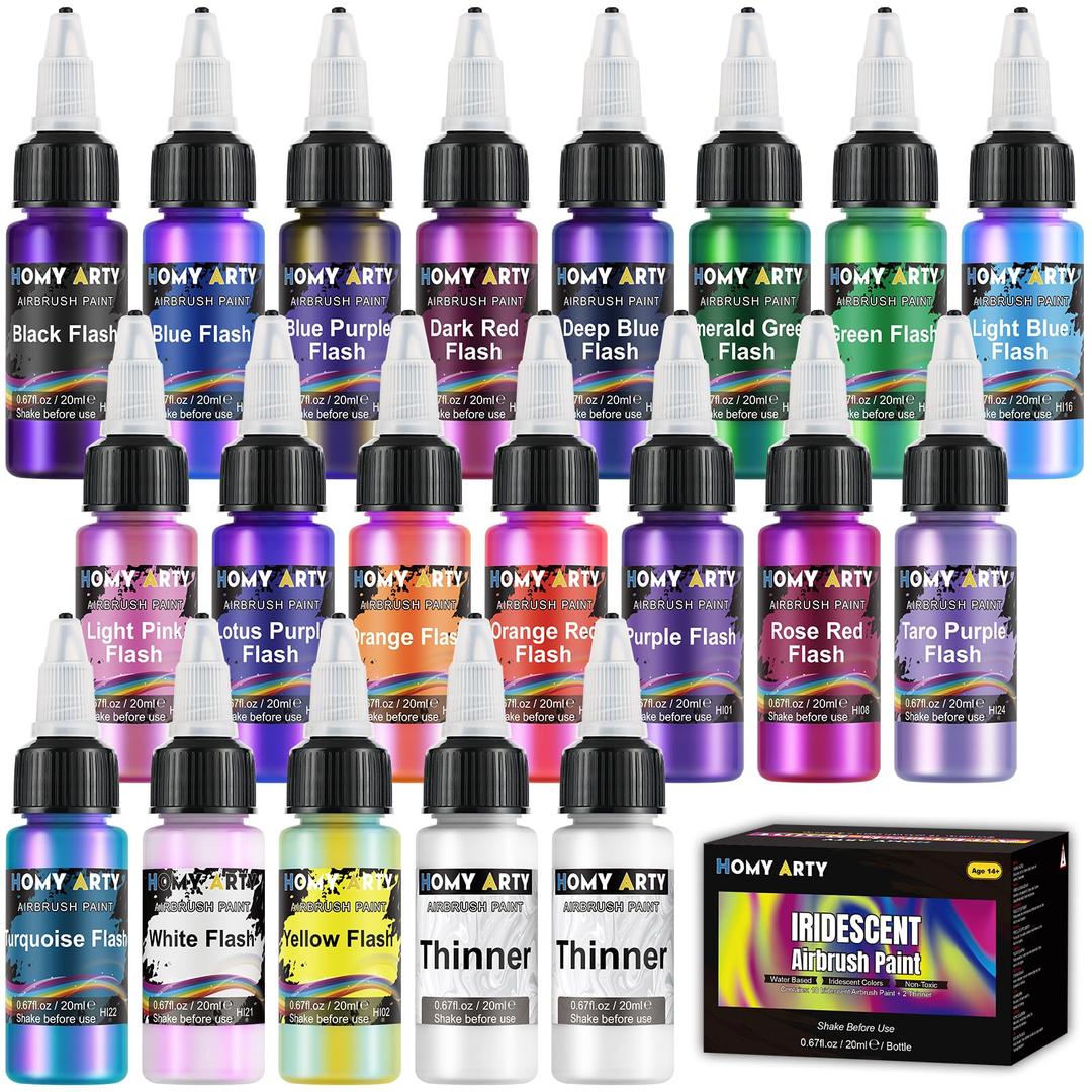 Iridescent Airbrush Paint - 18 Colors with 2 Thinner, Ready to Spray Iridescent Airbrush Paint Set, Water-Based Acrylic Air Brush Paints for Plastic Models, Canvas, Wood - 20 Bottles