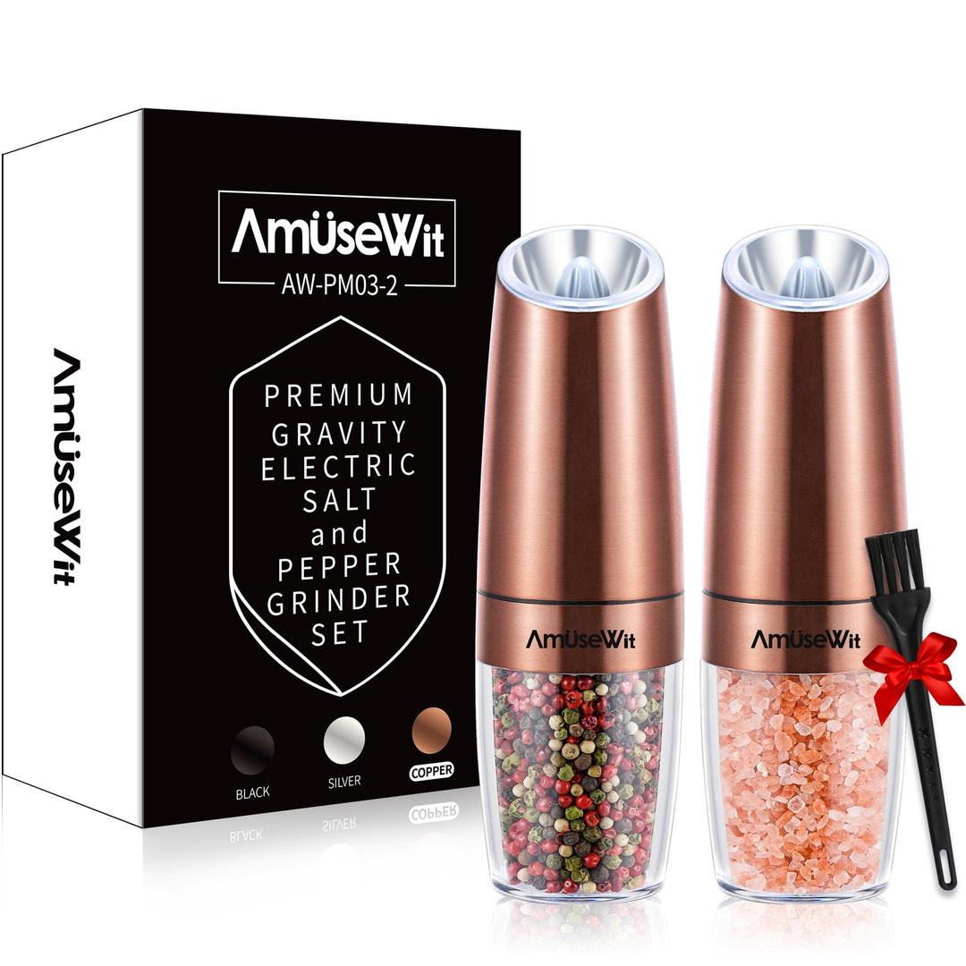 AmuseWit Gravity Electric Salt and Pepper Grinder Set [White Light] Battery Operated Automatic Pepper and Salt Mills with Light,Adjustable Coarseness,One Handed Operation,Copper