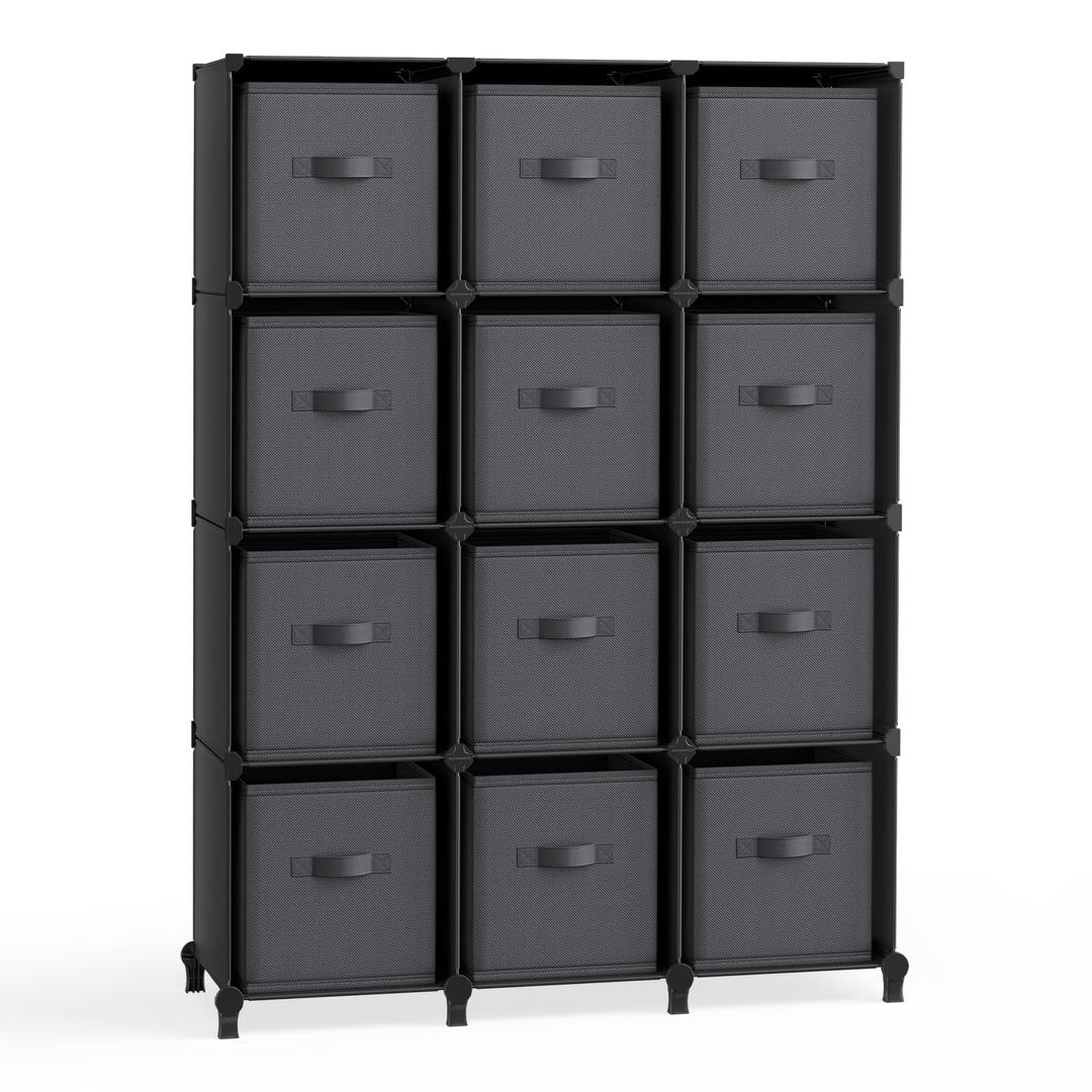 SONGMICSSONGMICS Cube Storage Organizer with Storage Boxes, Set of 12-Cube Organizer, 12 Collapsible Non-Woven Fabric Bins, Customizable, Space-Saving, Bedroom, Ink Black and Dove Gray ULPC122B01