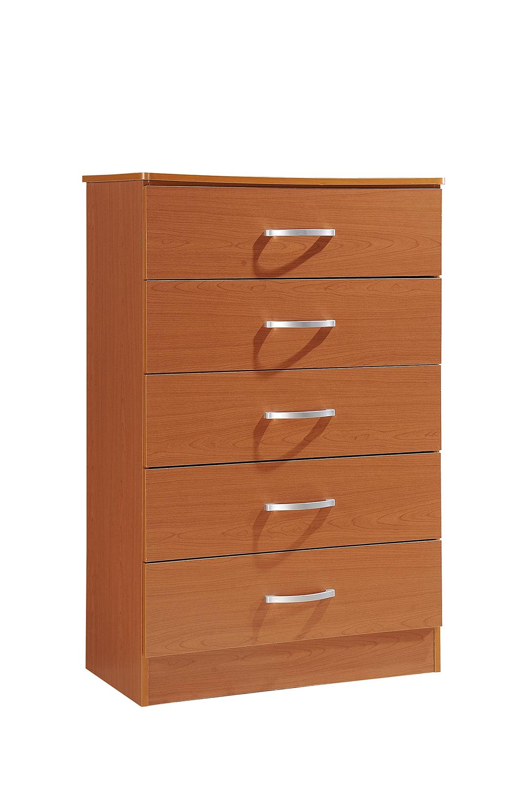 HODEDAH 5 Drawer Wood Dresser for Bedroom, Chest of Drawers with Metal Rails for Support when Storing Clothing, Cherry, 47.8x31.5 inches