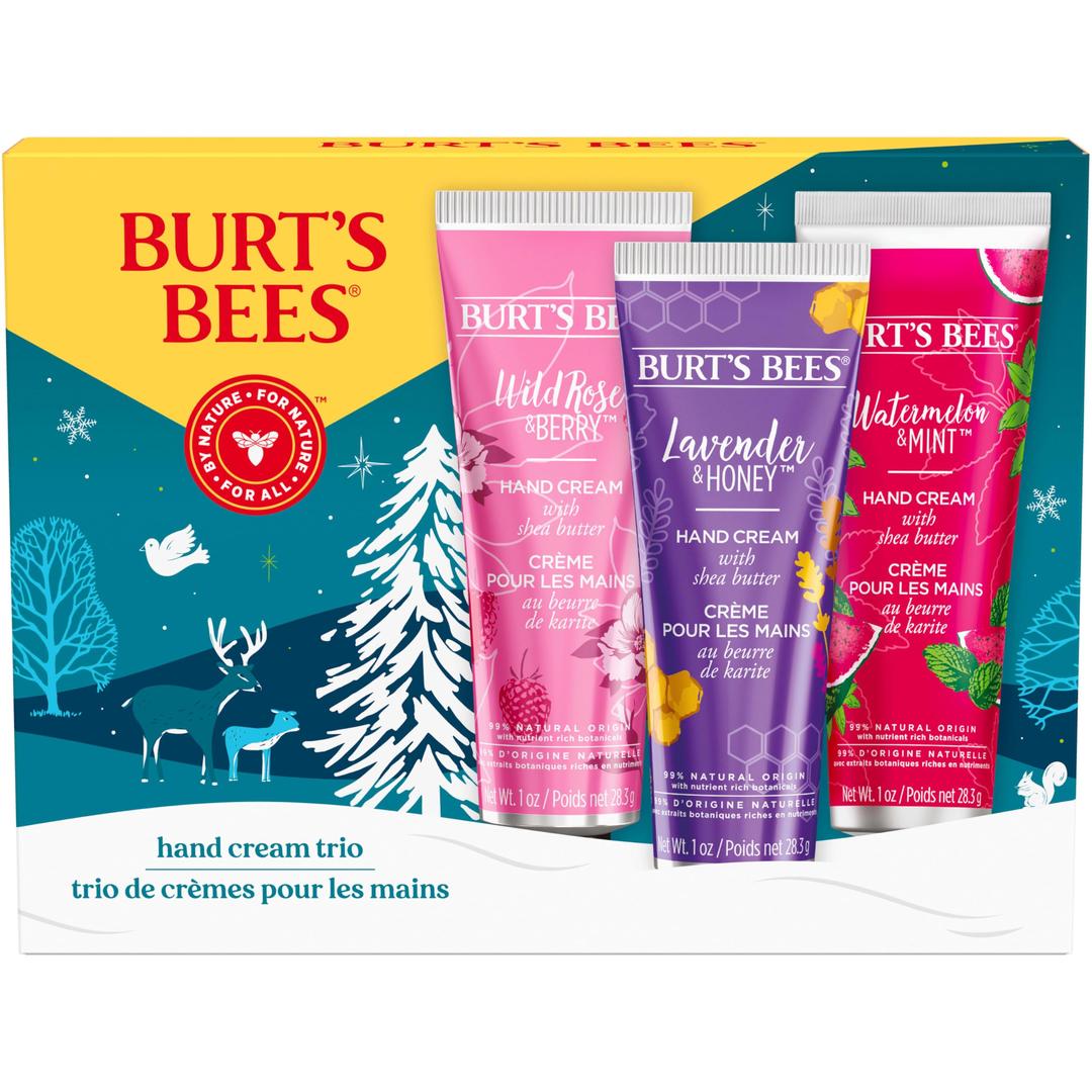 Burt's Bees Christmas Gifts, 3 Body Skincare Stocking Stuffers, Shea Butter Hand Cream Trio Set - Lavender Honey, Watermelon Mint & Wild Rose Berry (3-Pack)