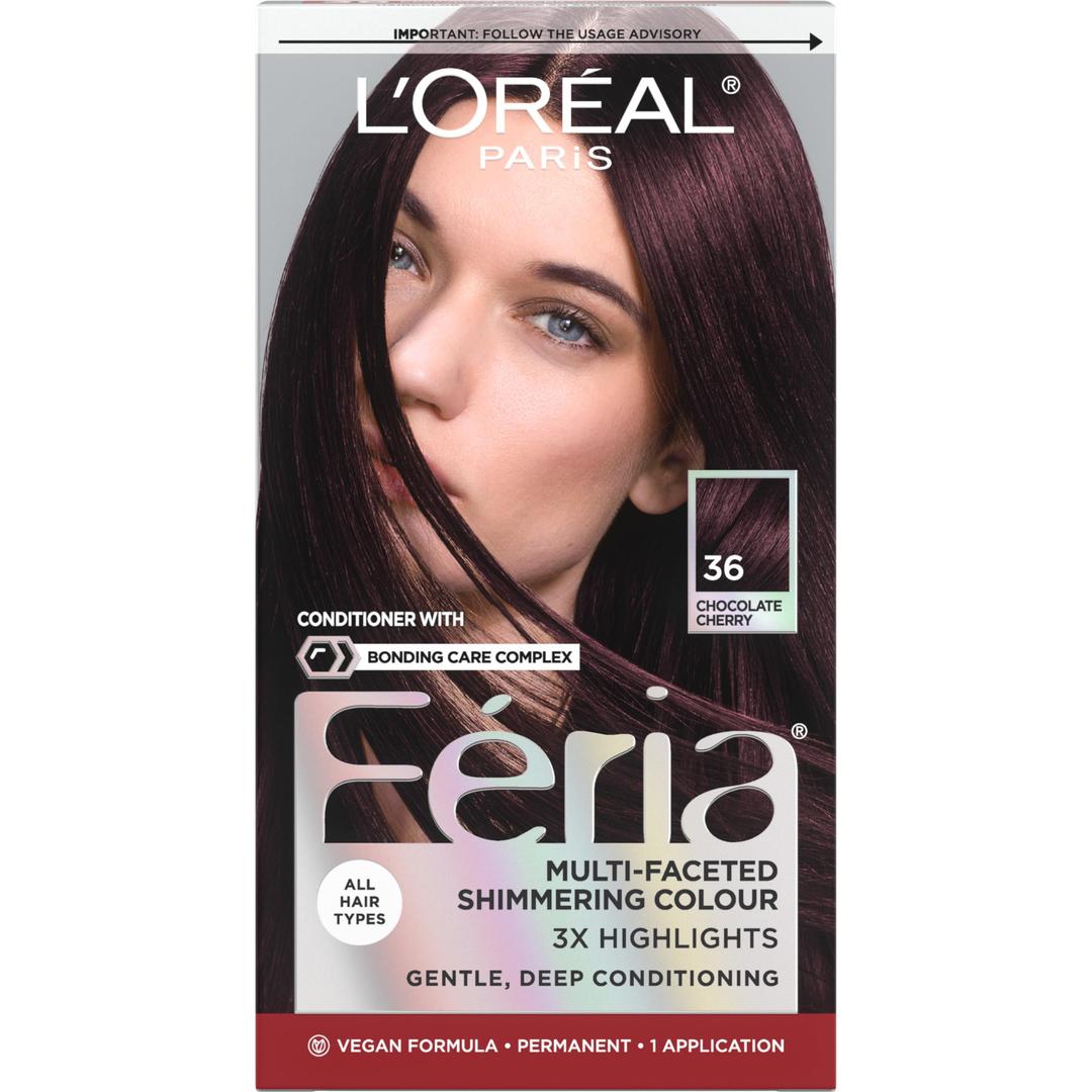 L'Oreal Paris Feria Multi-Faceted Shimmering Permanent Hair Color, 36 (Chocolate Cherry) Deep Burgundy Brown, Pack of 1 Hair Dye Kit