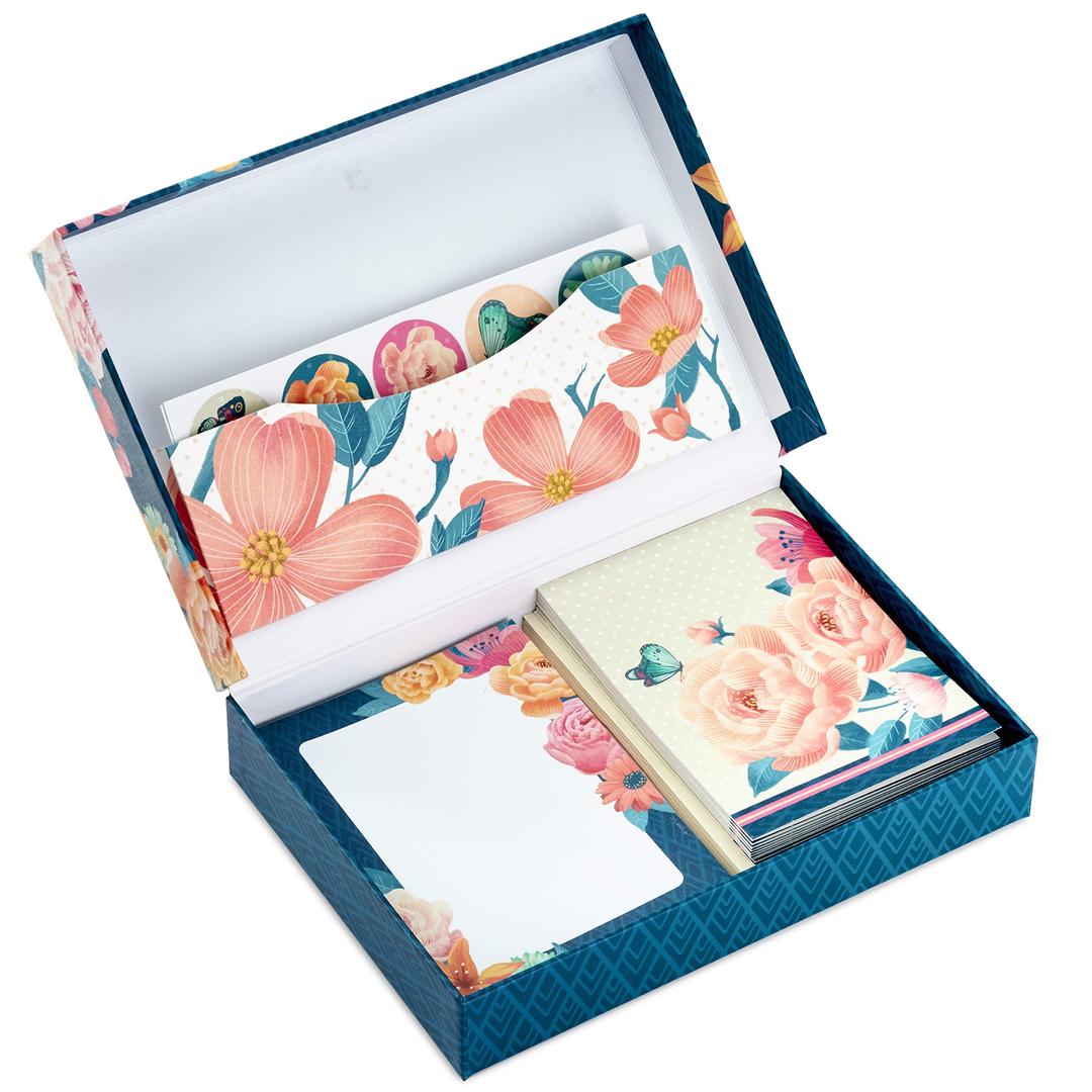 Hallmark Stationery Set with Desk Organizer, Floral (10 Blank Cards Envelopes, 20 Writing Sheets 75-Sheet Notepad, 30 Seals)