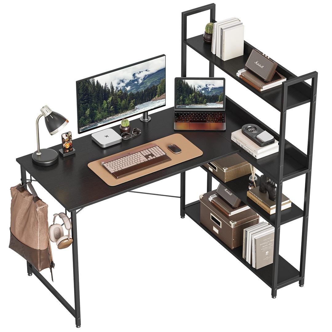 CubiCubi 120x84 cm Computer Desk with Storage Shelves, Small L Shaped Desk Home Office Coner Desk, Office Writing Desk, Black