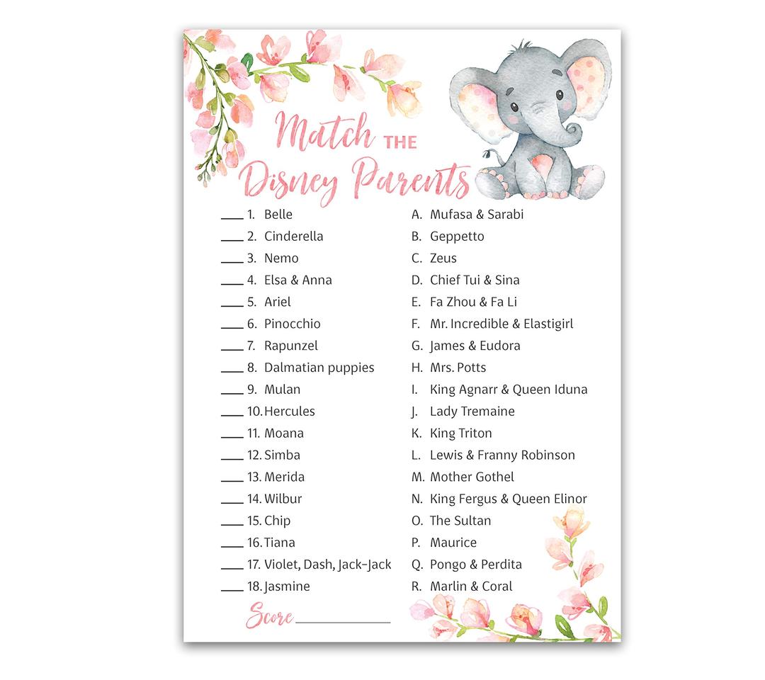 GIRL Baby Shower Game — DISNEY PARENT MATCH Baby Shower Game — Pack of 25 — Floral PINK Elephant Baby Shower Game, Match Famous Disney Parents Fun Shower Activity, Disney Star Kids Match Game G530-DPM