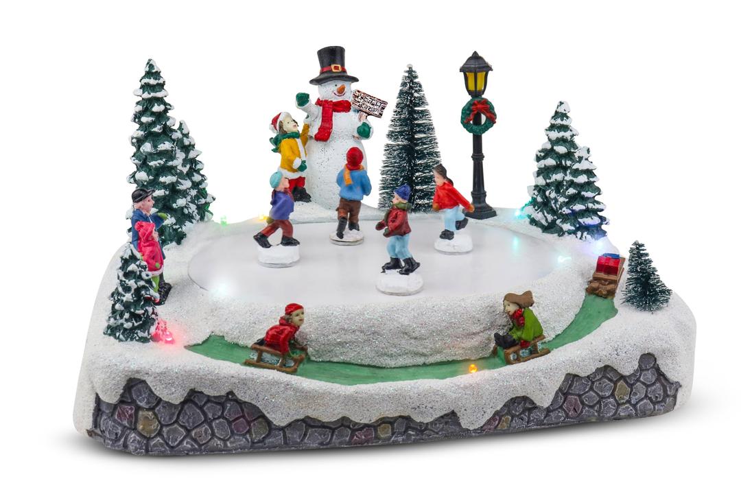 Animated Christmas Village Skating Pond - Lighted Musical Snow Scene with 4 Moving Skaters, Adapter, Battery Slot