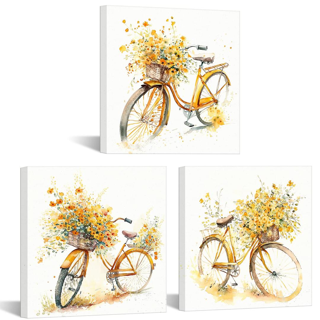 sechars 3 Piece Yellow Bicycle Flower Painting Wall Art Watercolor Abstract Bike with Floral Bouquet Wildflowers Canvas Picture for Farmhouse Kitchen Living Room Bedroom Bathroom (Yellow, Small)