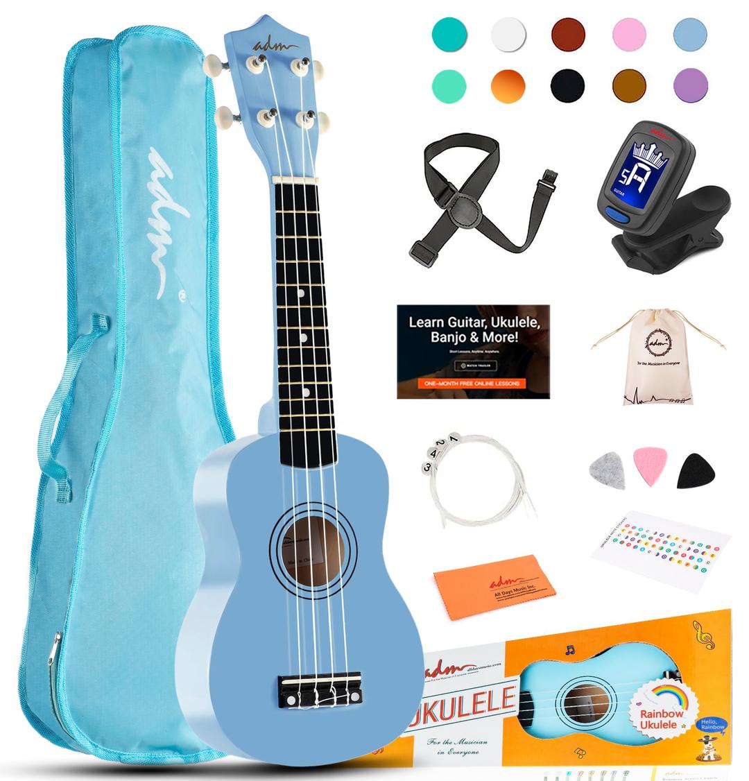 ADM Soprano Ukulele for Beginners 21 Inch Hawaiian Wood Ukelele Kit for Kids Adult Student Starter Professional Ukalelee Pack Bundle with Free Lessons Gig Bag Strap Nylon String Tuner Pick, Blue