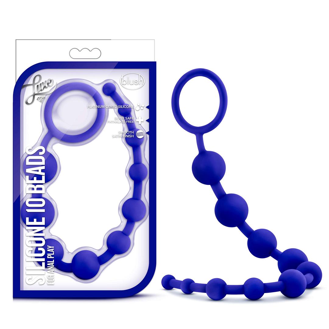 Blush Novelties Luxe Silicone 10 Beads - Silky Smooth Ultrasilk - Puria Platinum Silicone - Beginners Anal Beads -12.5" Long with Sturdy Pull Handle - Luxury Adult for Men Women Couples Play - Indigo