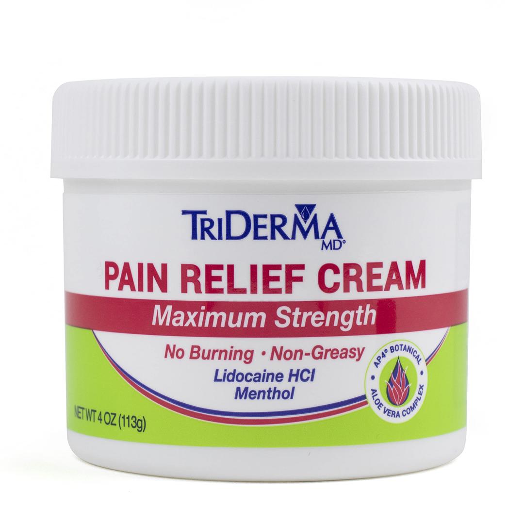 TriDermaPain Relief Cream Maximum Strength, FSA Eligible - Heel, Foot Pain, Back, Neck Pain, Arthritis, Muscle Recovery, Nerve Pain Relief - Lidocaine, Arnica, Menthol, AP4 Aloe, 4 oz jar