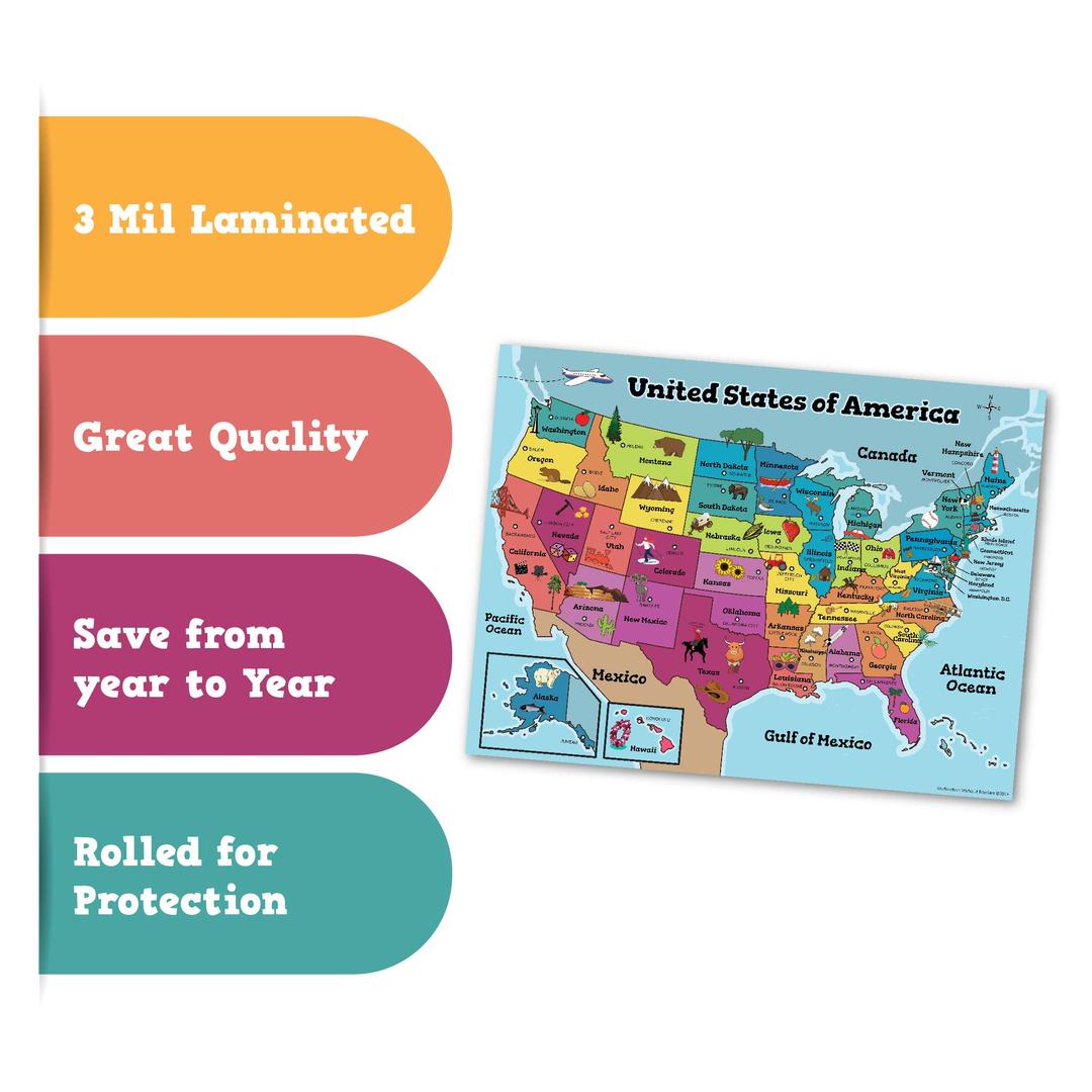 United States Wall Map for Kids | States, Capitals & Pictures | Laminated durable poster 18" x 24" | Perfect for Classroom or Home