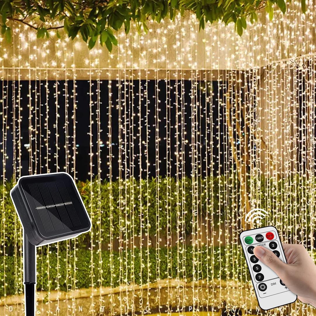 weillsnow 304 LED Curtain Lights Solar Powered, 8 Lighting Mode with Remote Control, 9.8Ft *9.8Ft Hanging Lights Waterproof for Window Patio Garden Balcony Wedding Christmas Decorations (Warm White)