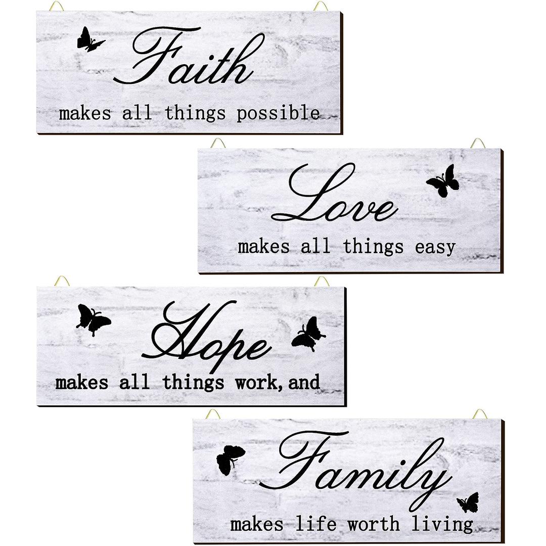 4 Pieces Faith Love Hope Family Wood Sign Farmhouse Wooden Family Sign with Quotes Faith Love Hope Family Home Sign Plaque Rustic Wooden Home Wall Sign for Front Porch Door Wall, 10 x 4 Inch (White)