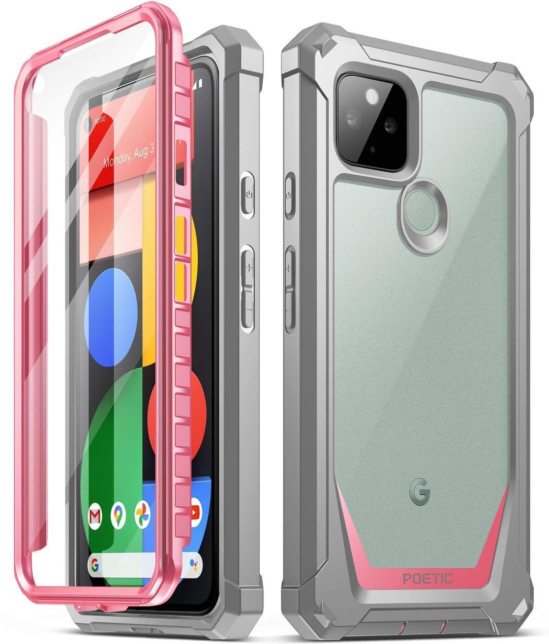 PoeticGuardian Series Designed for Google Pixel 5 Case, Full-Body Hybrid Shockproof Bumper Cover with Built-in-Screen Protector, Pink/Clear