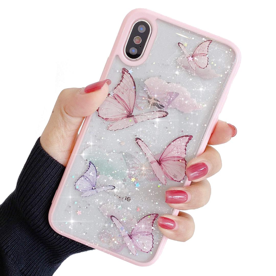 Compatible with iPhone Xs Max Case for Girls,Soft Slim Fit Full-Around Protective Cute Clear Sparkly Bling Star Butterfly Pattern Phone Case Glitter Cover for iPhone Xs Max-Pink