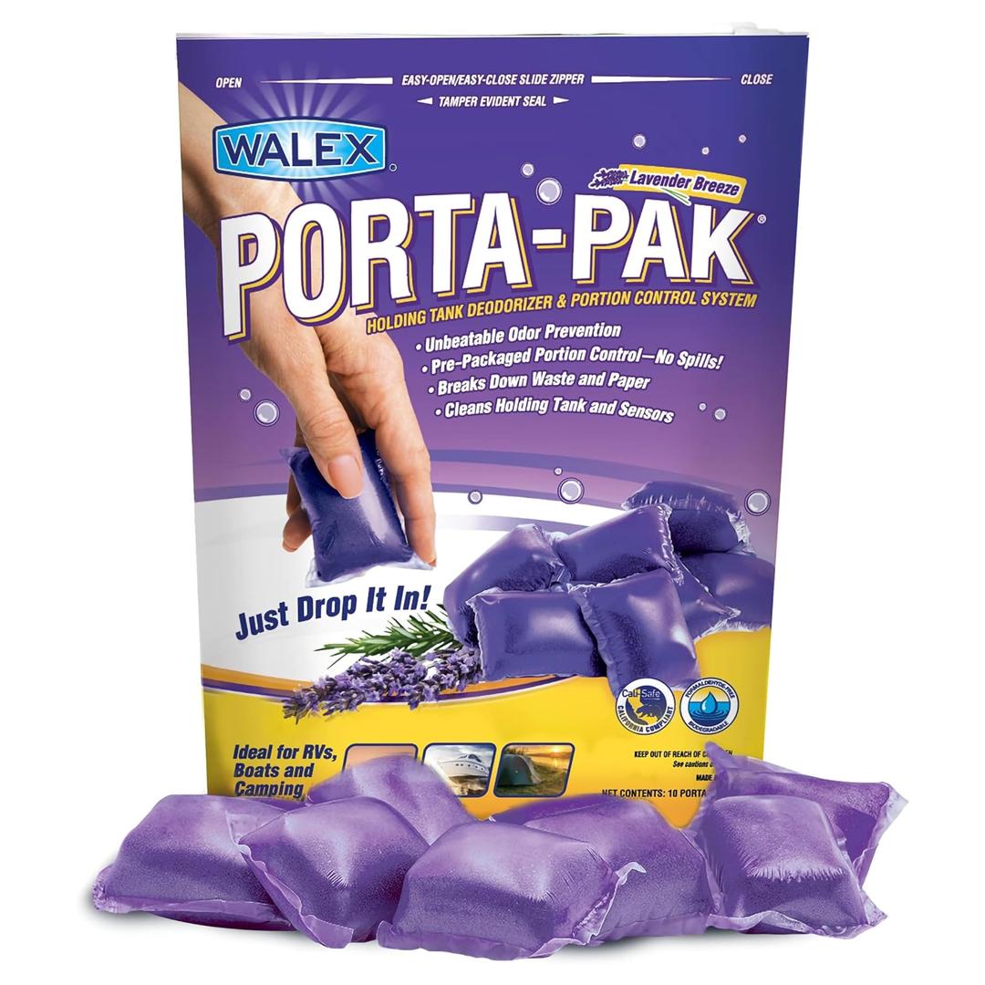 Walex Porta-Pak Black Holding Tank Deodorizer & Portion Control System Drop-Ins - Rapid Breakdown of Waste & Paper, Odor Prevention, Cleans Tank & Sensors - Lavender Breeze, 10-Pack