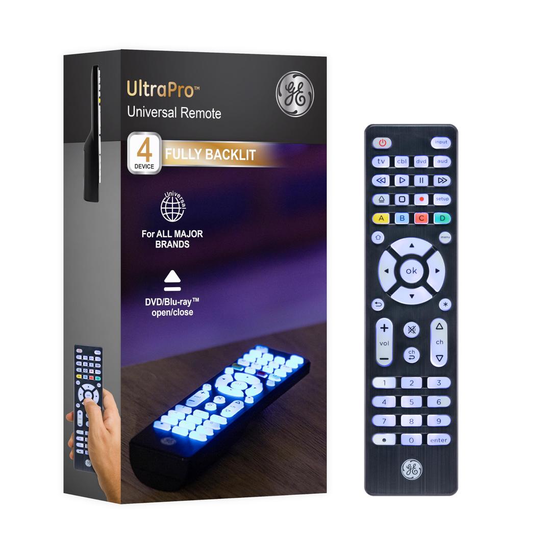 GE Backlit Universal Remote Control for Samsung, Vizio, LG, Sony, Sharp, Roku, Apple TV, RCA, Panasonic, Smart TV, Streaming Players, Blu-Ray, DVD, Simple Setup, 4-Device, Black, 48843 Brushed Black