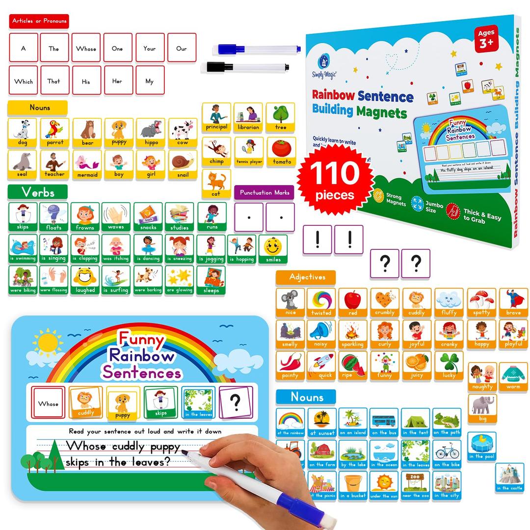 110 PCS Sentence Building Kit for Kids, Speech Speak Spell Games, Word Building Magnets, Speech Therapy Toys for Toddlers, Reading Games for Kids, Learn to Read, Reading Manipulatives - Simply Magic