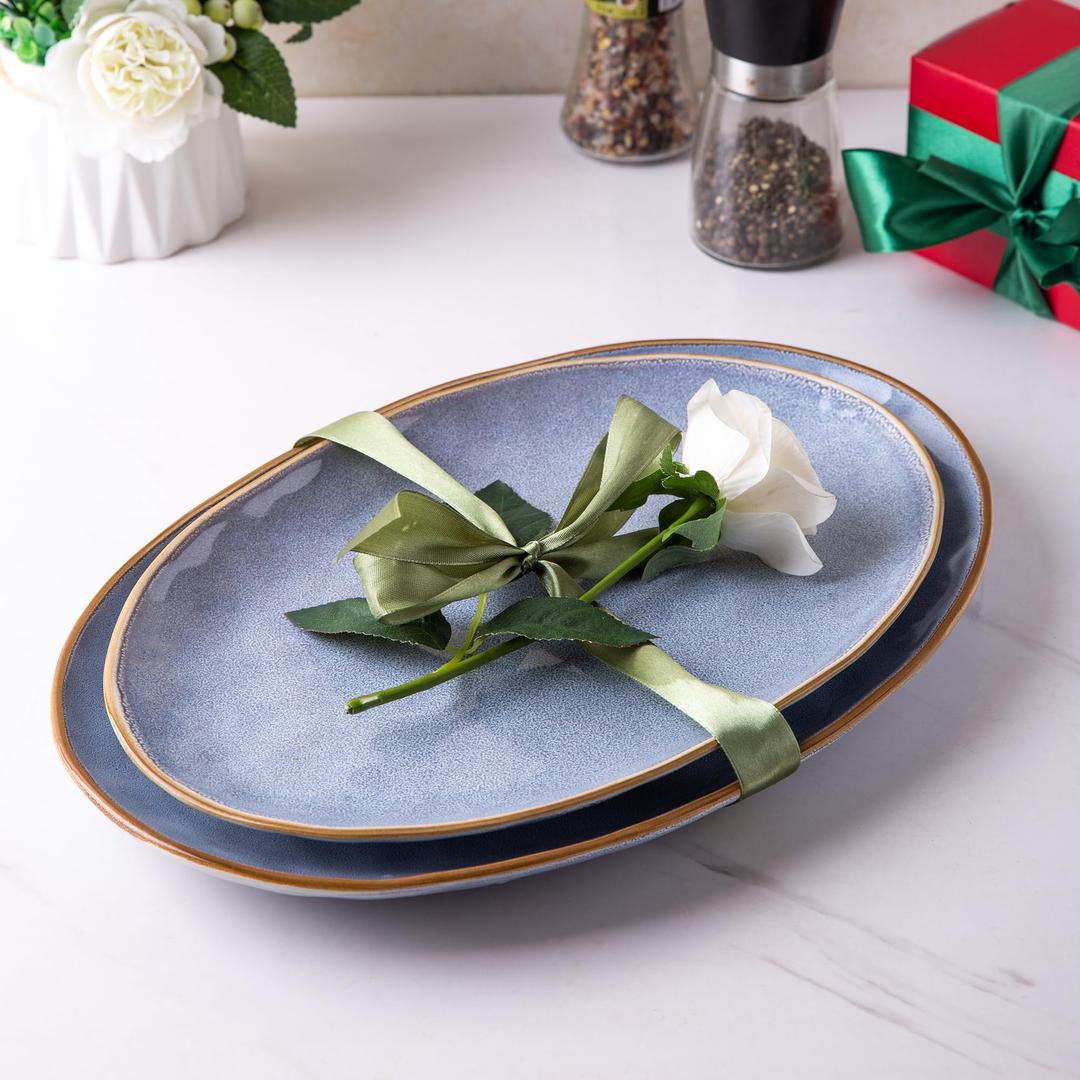 AmorArcCeramic Large Serving Plates, Reactive handcrafted Oval Platters for Entertaining, Kitchen Dishes for Dinner, Fruit, Salad, Turkey. Microwave & Dishwasher Safe,14.25" / 11.75", Set of 2 - Blue