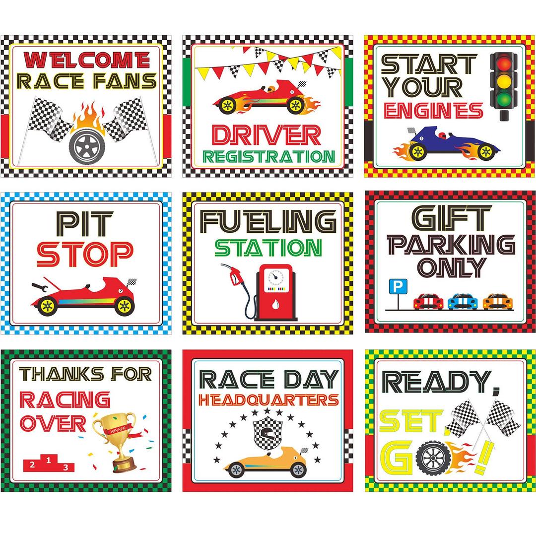 Racing Car Party Decorations, 10-11.8 Inch Laminated Racing Signs, Racing Themed Party Signs, Racing Cutouts with 40 Glue Point Dots (9 Pieces, Racing Signs)