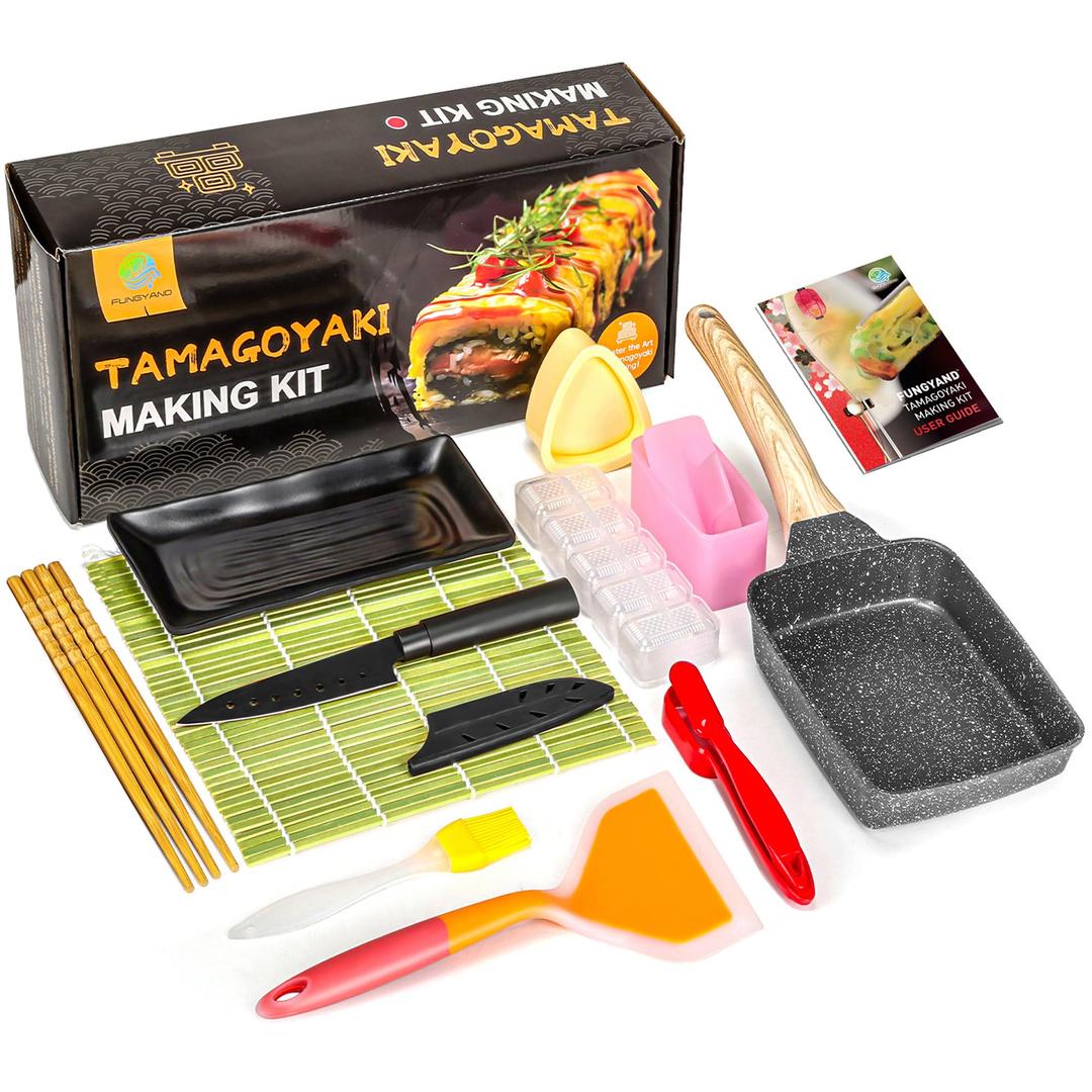 FUNGYANDTamagoyaki Pan Set, 12-in-1 Japanese Omelette Egg Pan with Spatula, Bamboo Mat, Knife, and More Omelet & Sushi Accessories - Deluxe Complete Tamagoyaki Cookware Set - 5x7 Inches