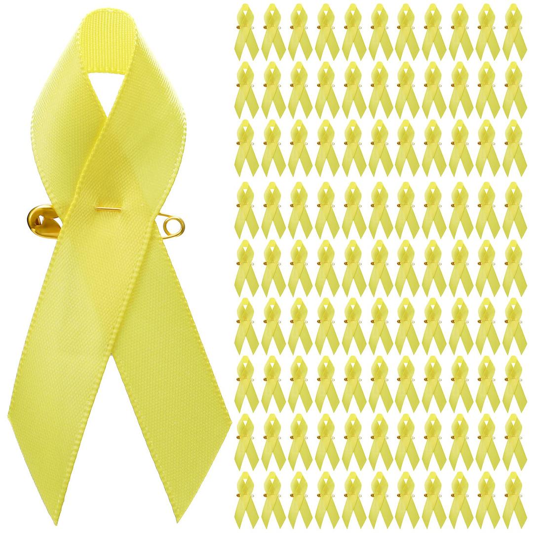 100 Pieces Awareness Ribbon Satin Ribbon Lapel Pins Fabric Ribbons with Safety Pins for Women Men(Yellow)