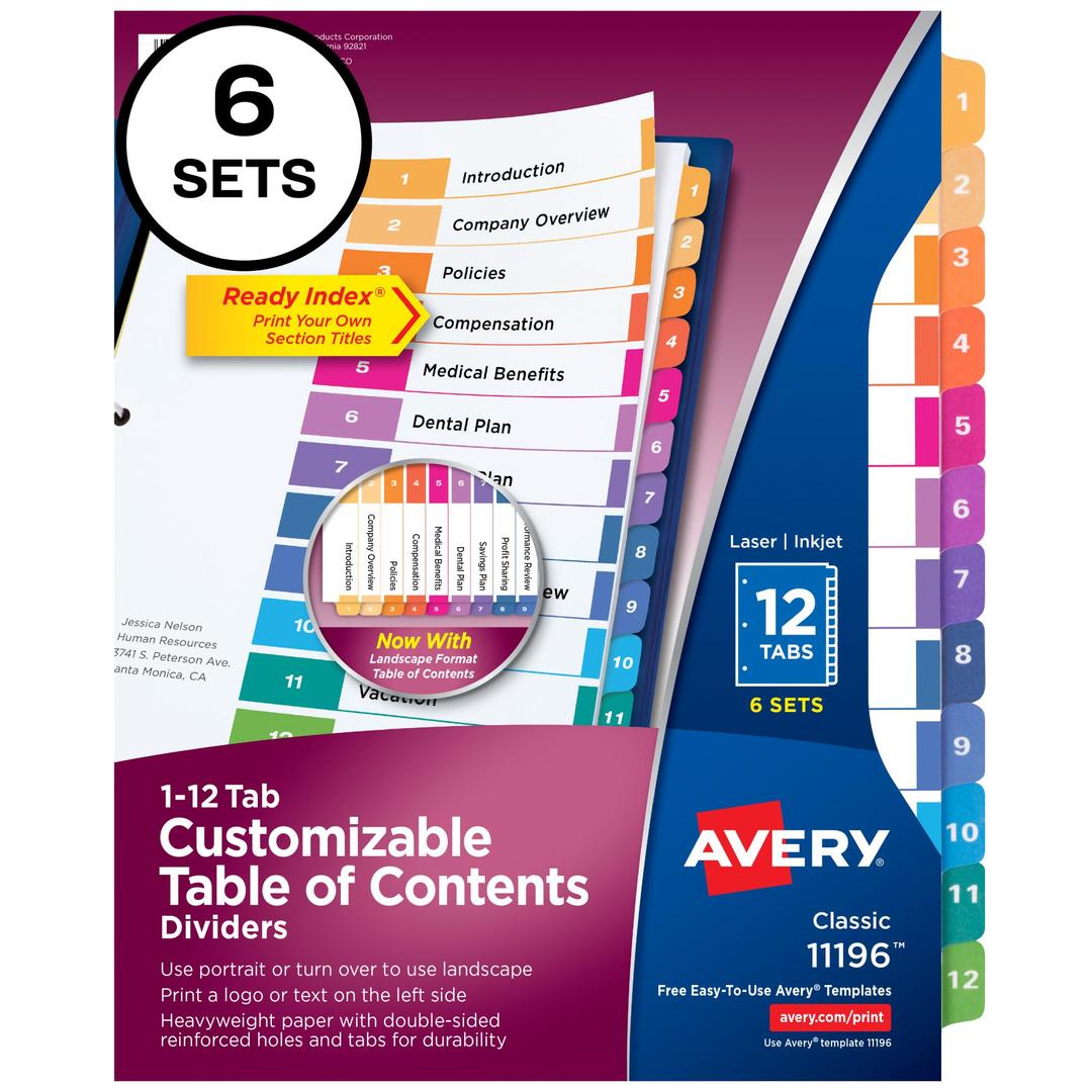 AVERY12 Tab Dividers for 3 Ring Binders, Customizable Table of Contents, Multicolor Tabs, 6 Sets (11196)