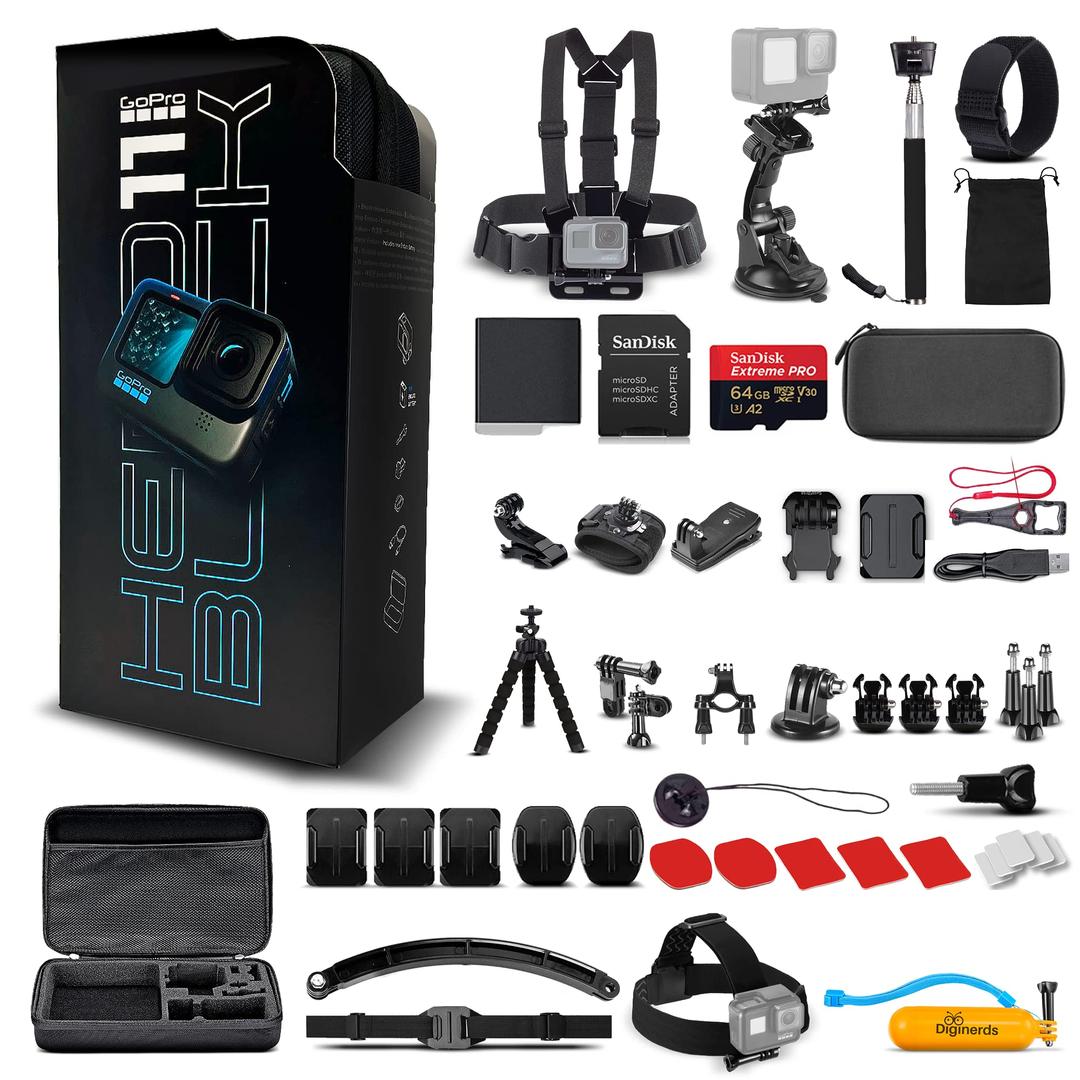 GoPro HERO11 (Hero 11) Black - Waterproof Action Camera with 5.3K Ultra HD Video, 27MP Photos, 1/1.9" Image Sensor, Live Streaming, Webcam, Stabilization + 64GB Card & 50 Piece Accessory Kit - Bundle