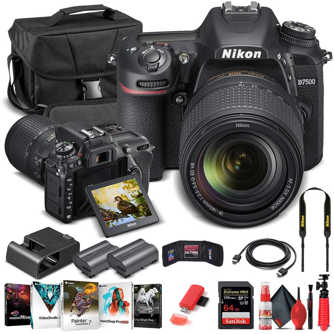 Nikon D7500 DSLR Camera with 18-140mm Lens (1582) + 64GB Memory Card + Case + Corel Photo Software + EN-EL 15 Battery + Card Reader + HDMI Cable + Cleaning Set + Flex Tripod + Memory Wallet (Renewed)