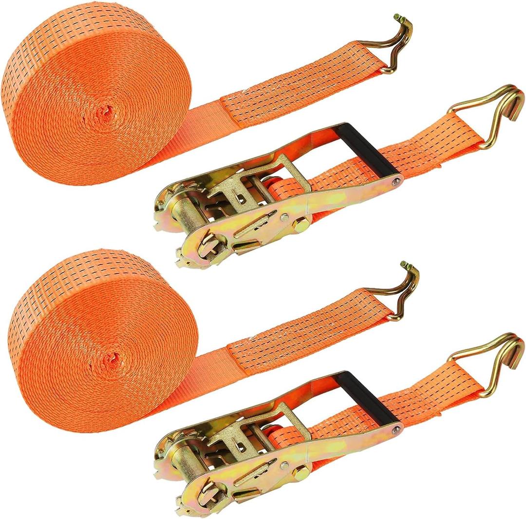 2 of Pack Heavy Duty Ratchet Cargo Straps, 5cmx9.5m Lashing Tie Down Straps with J-Hooks, Tension Belt for Moving, Motorcycle, Appliances, Orange, Heavy Load"