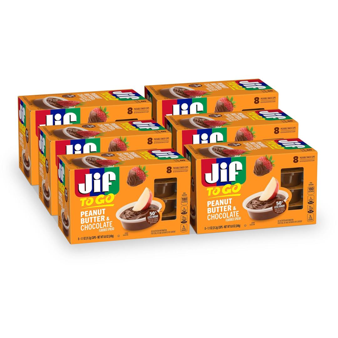 Jif Peanut Butter & Chocolate To Go, 8 Count Cups (Pack of 6), Less Sugar, Thick & Creamy Texture