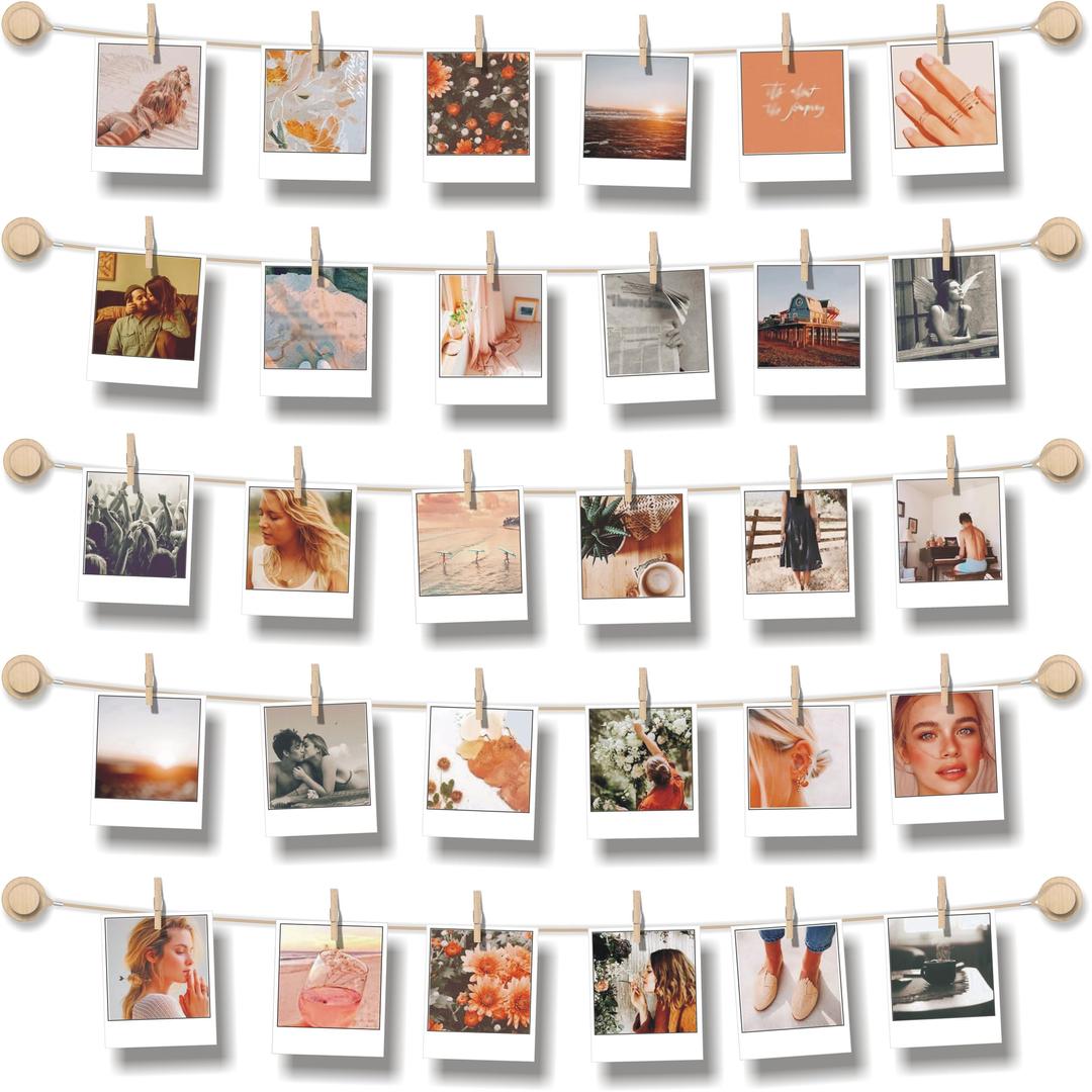 Hanging Photo Display Room Wall Decor - Sculptural Picture Frames Collage - 5 Strings with 30 Clips - 3M Self Adhesive Hooks - No Holes Drilling - 30 x 30 inch