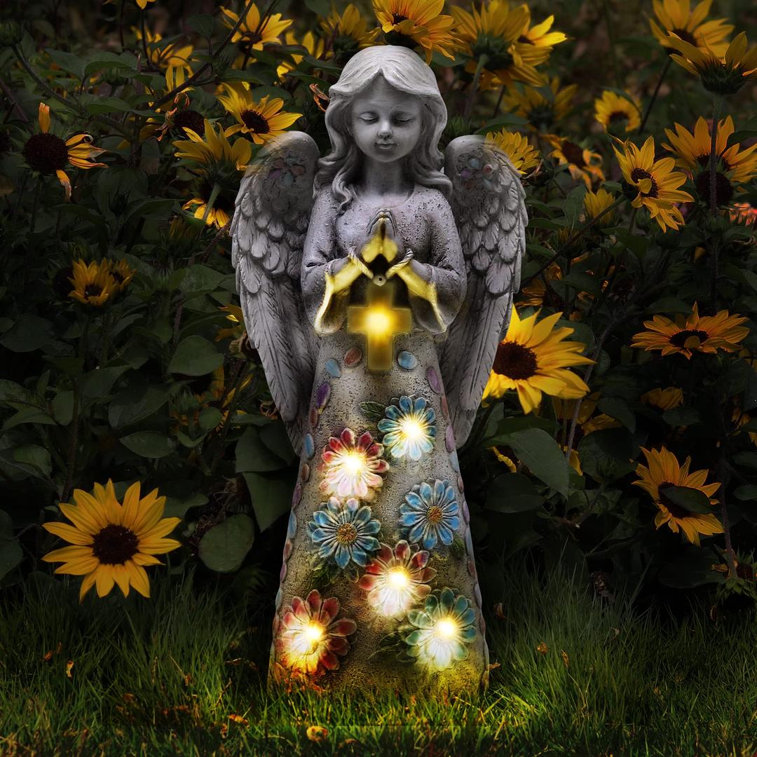 Angel Garden Figurine Outdoor Statue, Solar Garden Sculpture with 7 LEDs Welcome Sign Resin Praying Angel Art Decor for Patio Lawn Yard Porch Decoration, Housewarming Gift