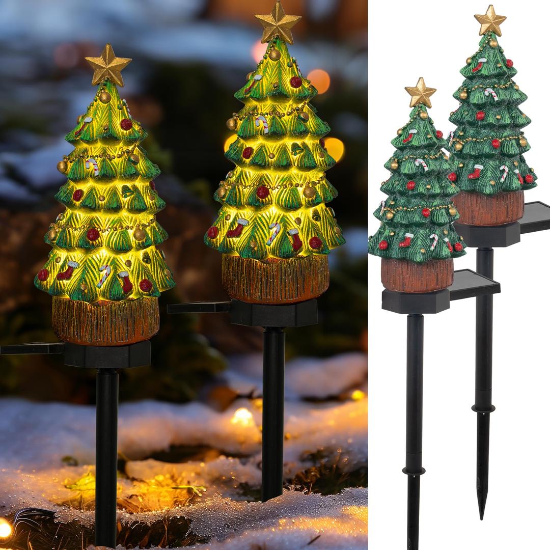 Dazzle Bright 2 Pack Solar Powered Fairy Garden Green Christmas Tree Pathway Lights, Resin Walkway Lights Decorative Stakes Christmas Tree Figure Statue Decorations for Lawn Pathway Xmas Yard Gifts