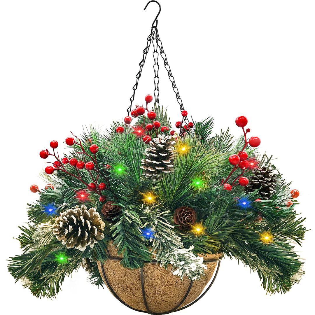 Artificial Christmas Hanging Basket, Decorated with Frosted Pine Cones, Berry Clusters, Colorful LED String Lights, Outdoor Xmas Decorations for Garden Patio Lawn