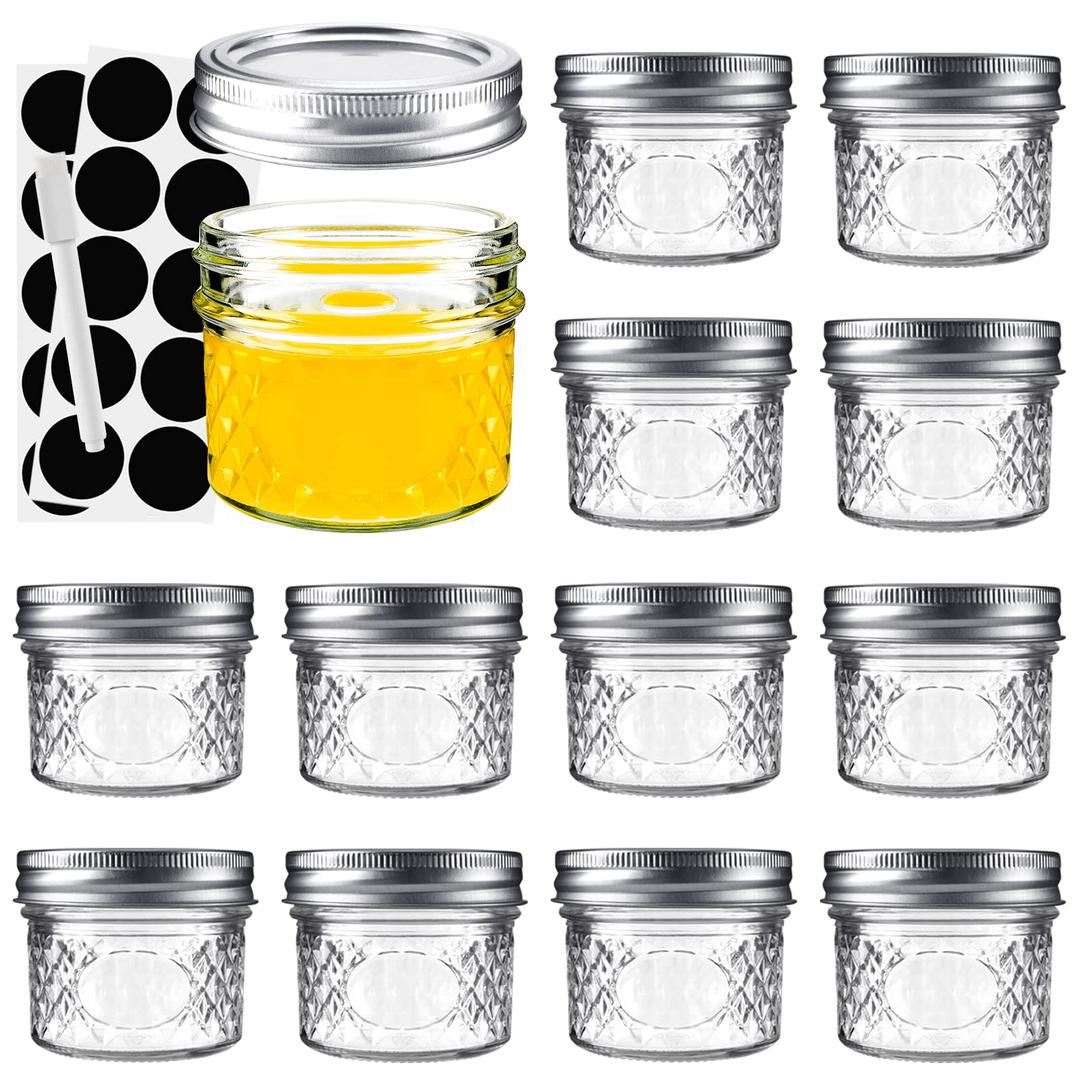 asika Mini Glass Jars,Canning Jars 4 oz With Lids, Small Glass Jars Ideal for Food Storage, Jam, Spice,Candle,Honey,Wedding Favors(12 PACK)