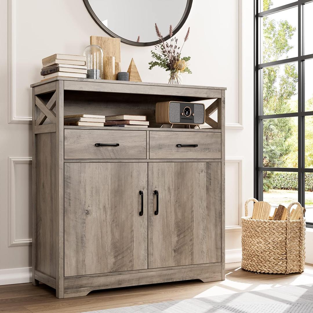 HOSTACK Modern Farmhouse Buffet Sideboard, Kitchen Storage Cabinet with Shelves and Doors, Wood Buffet Cabinet with Drawers, Coffee Bar, Floor Cabinet Cupboard for Living Room, Ash Grey