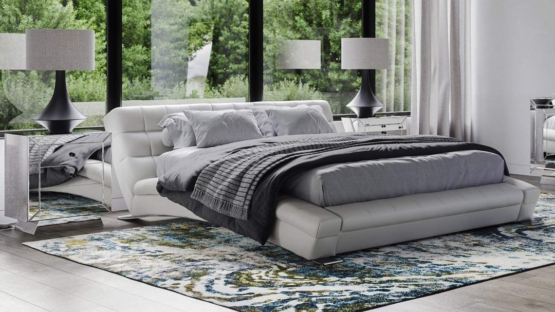 Adonis White Tufted Genuine Leather Platform Bed - King