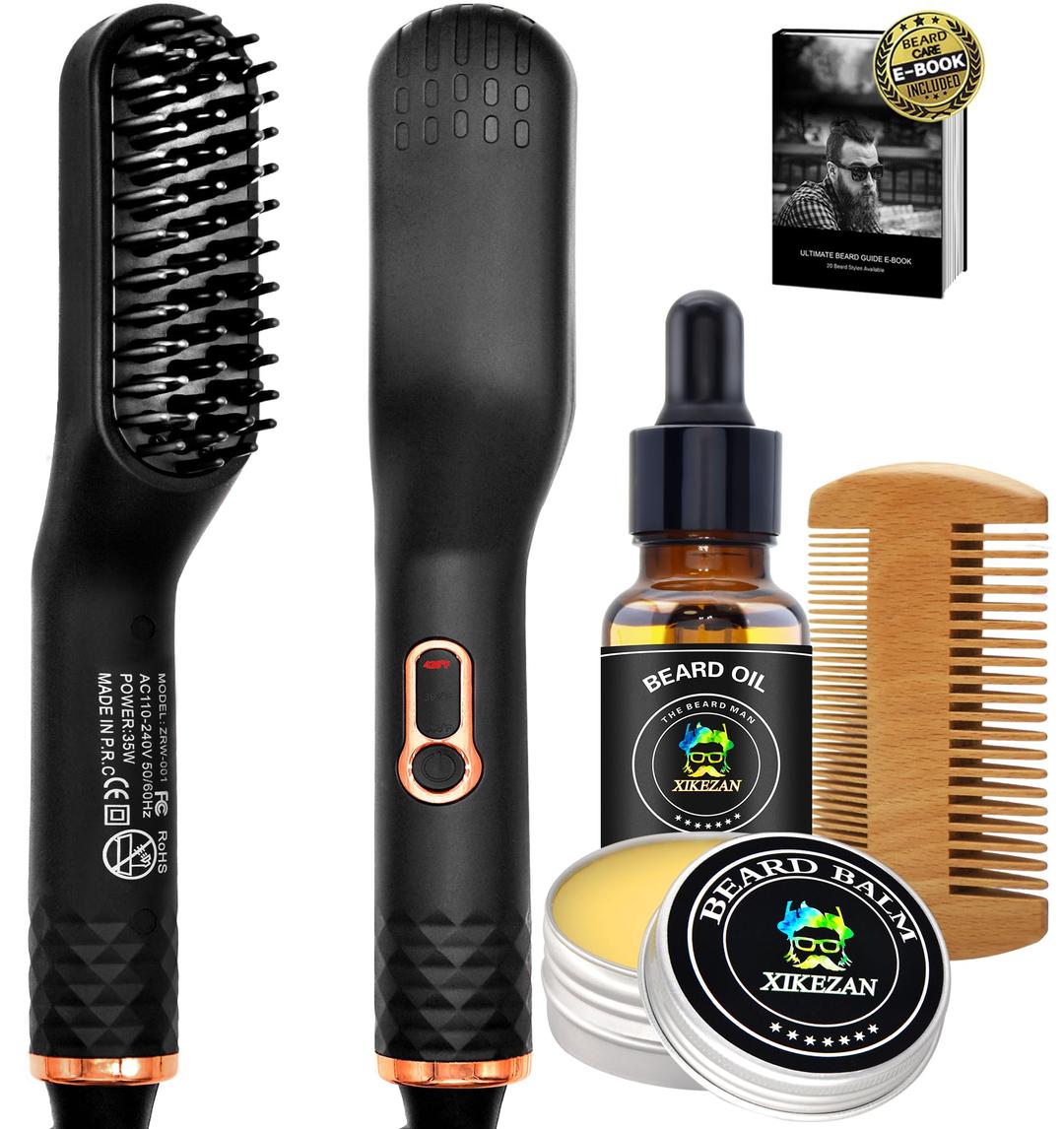 Upgraded 3-in-1 Hair Straightening Brush, Beard Balm, Beard Oil & Guide E-Book, Unique Grooming Gift Set for Men, Dad, Husband or Boyfriend