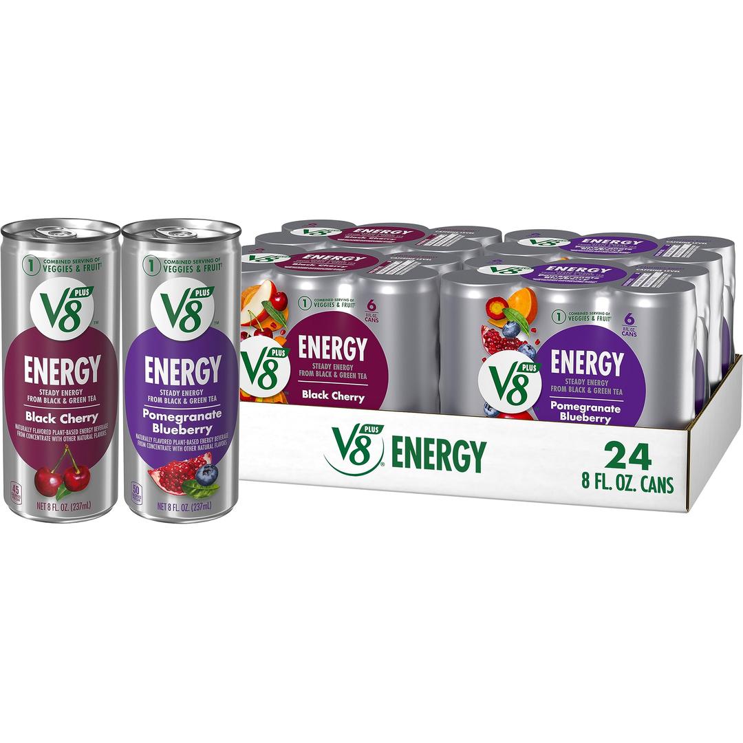 V8 +Energy Black Cherry and Pomegranate Blueberry Juice Energy Drinks, 8 fl oz Can (24 Pack)