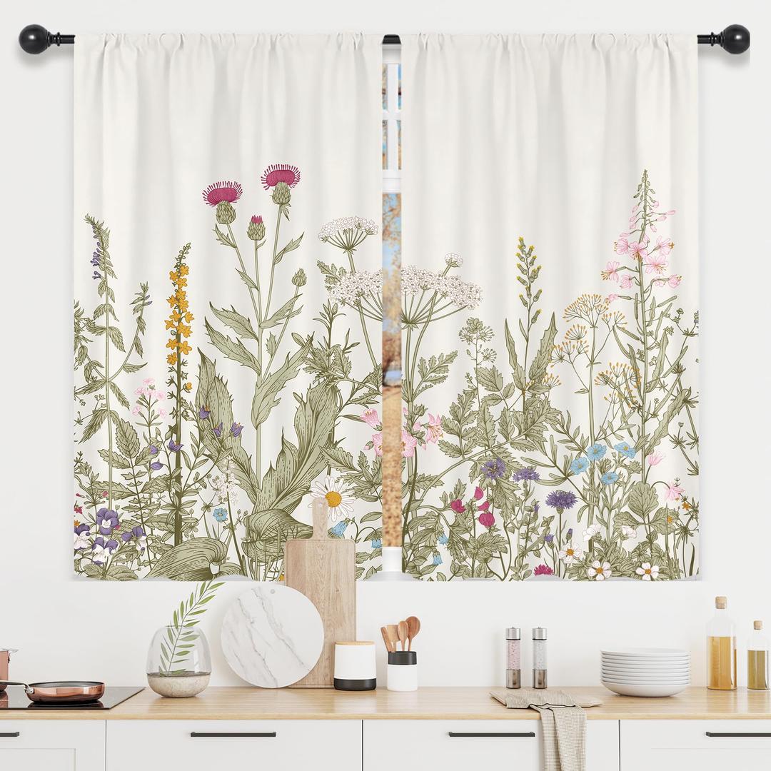 Riyidecor Floral Kitchen Curtains Small Wildflower Cafe Curtains Green Leaves Plant Botanical Rod Pocket Farmhouse Sage Herb Living Room Bedroom Window Drape Treatment Fabric 2 Panels 27.5 x 39 Inch