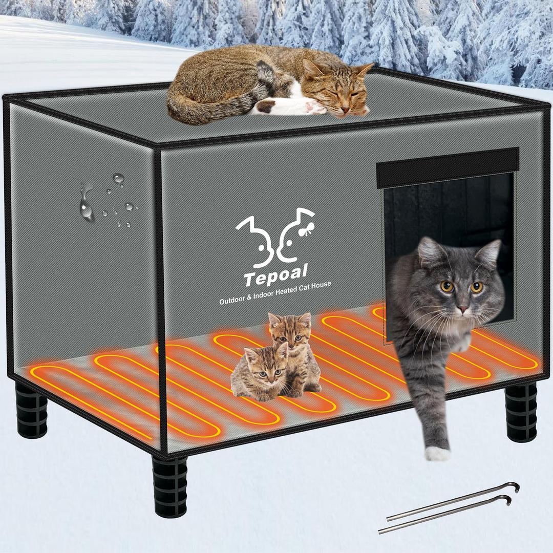 Tepoal Indestructible Heated Cat House for Outdoor Cats in Winter, Extremely Waterproof, Fully Insulated cat House for Outside with Heater, Feral Cat Shelter for Stray Barn Cat (Grey, M-13"*21"*18")