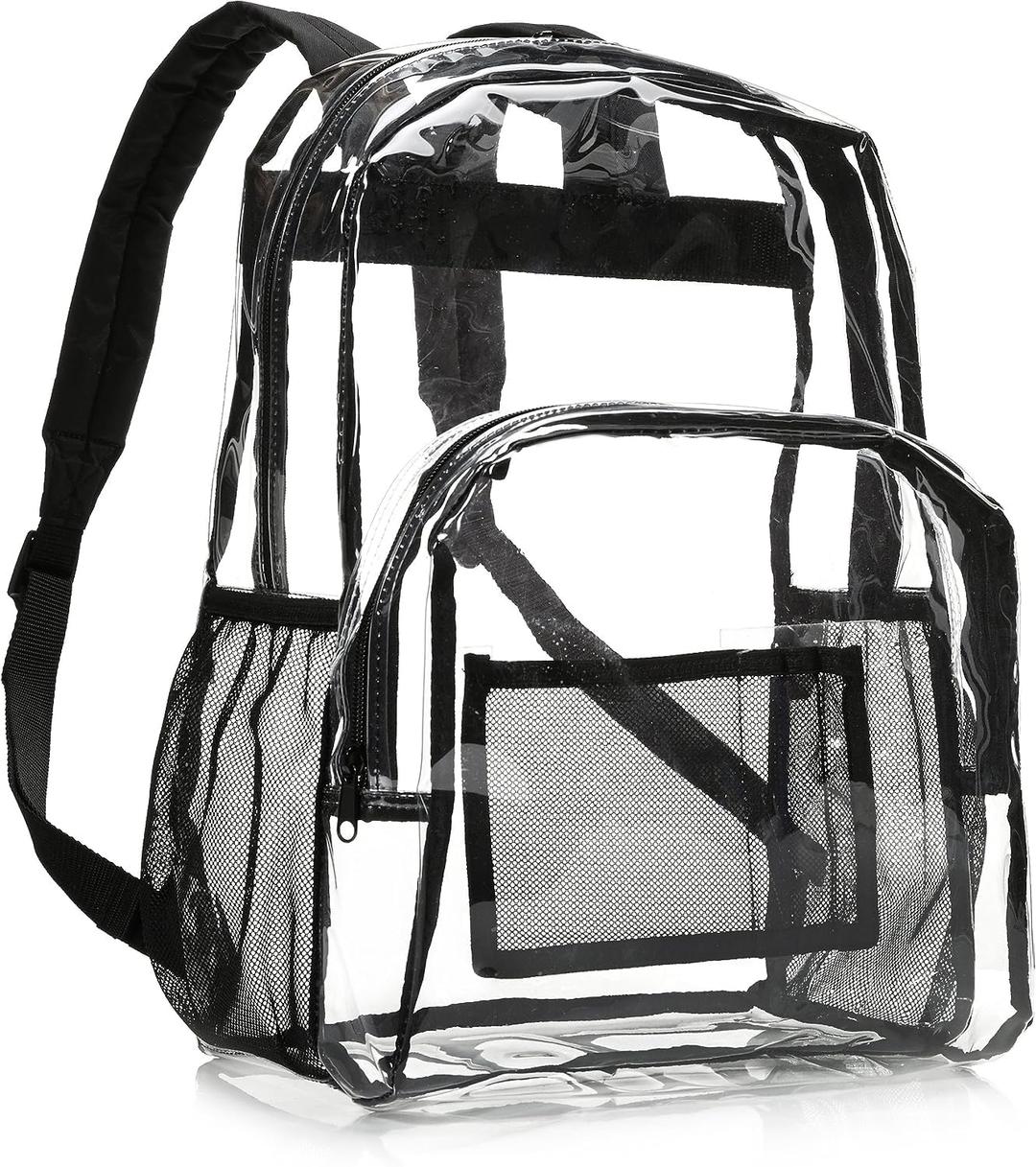 Amazon Basics Transparent School Backpack, With Water-Resistant PVC Plastic Material and Ruggedly Ruinforced Shoulder Straps, Clear