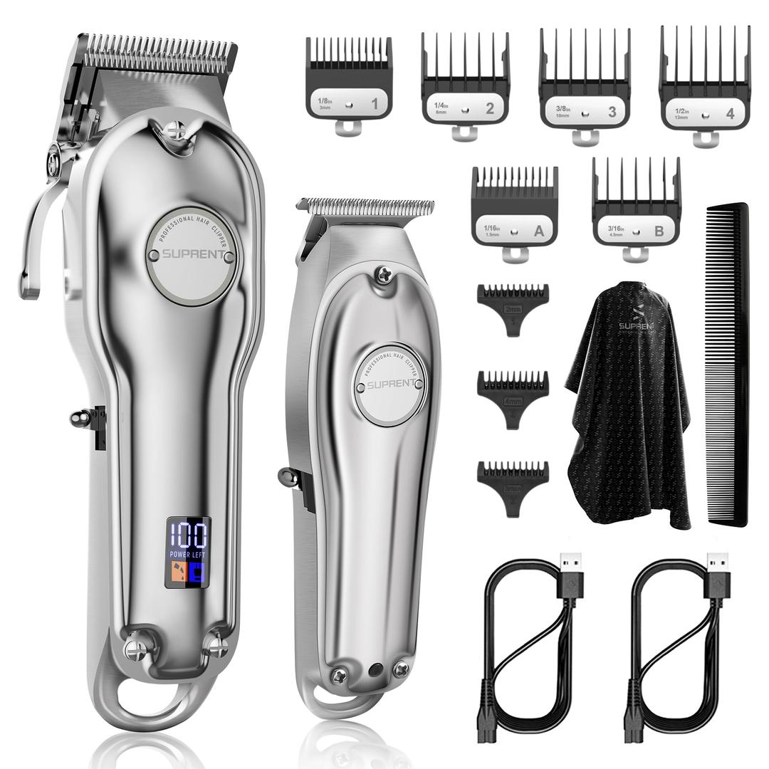 SUPRENTPRO Professional Hair Clippers for Men- Hair Cutting Kit & Zero Gap T-Blade Trimmer Combo- Cordless Barber Clipper Set with LED Display for Mens Gifts (Silver)