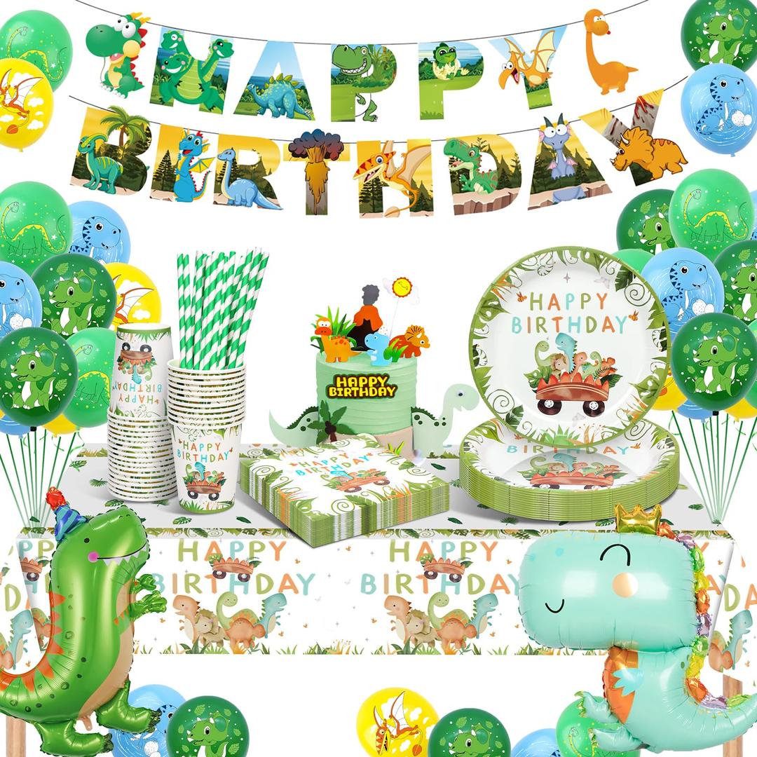 YIMAKJ Dinosaur Birthday Party Tableware Set, Party Supplies Tableware Set, Dinosaur Party Decorations Set With Party Paper Plate Cups Napkins Straws Children's Birthday Decorations for Boys and Girls