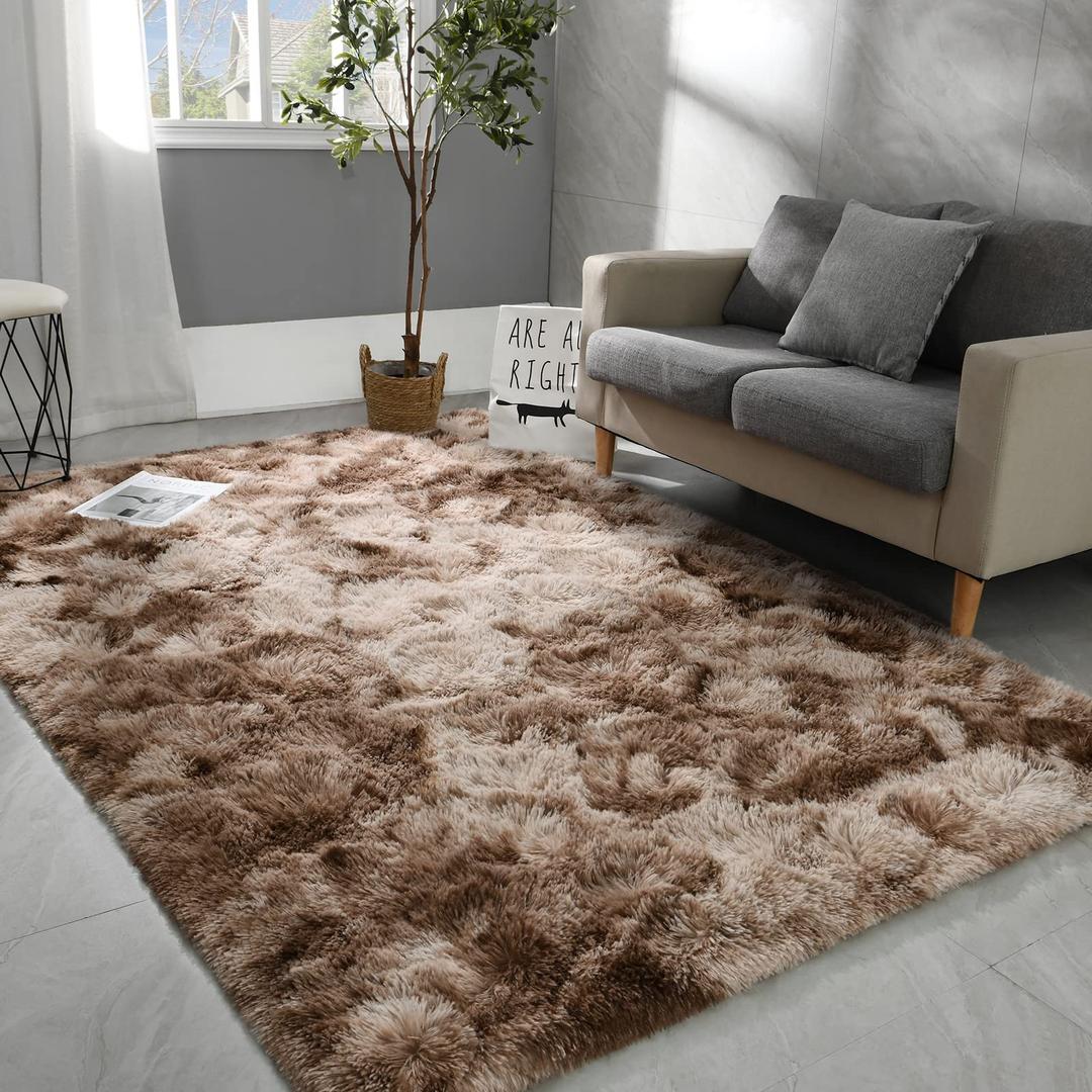 Hutha 4x6 Large Area Rugs for Living Room, Super Soft Fluffy Modern Bedroom Rug, Tie-Dyed Brown Indoor Shag Fuzzy Carpets for Girls Kids Nursery Room Home Decor