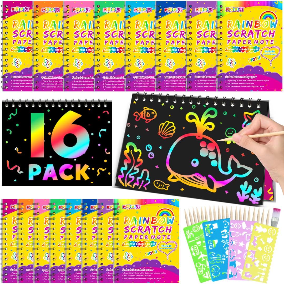 pigipigi Scratch Paper Party Favor: 16 Pack Rainbow Scratch Notebook Kids Art Craft Supplies Birthday Gift for Girls Boys Age 3 4 5 6 7 8 9 10 Years Old Toy Activity Fun Easter Project Drawing Kit