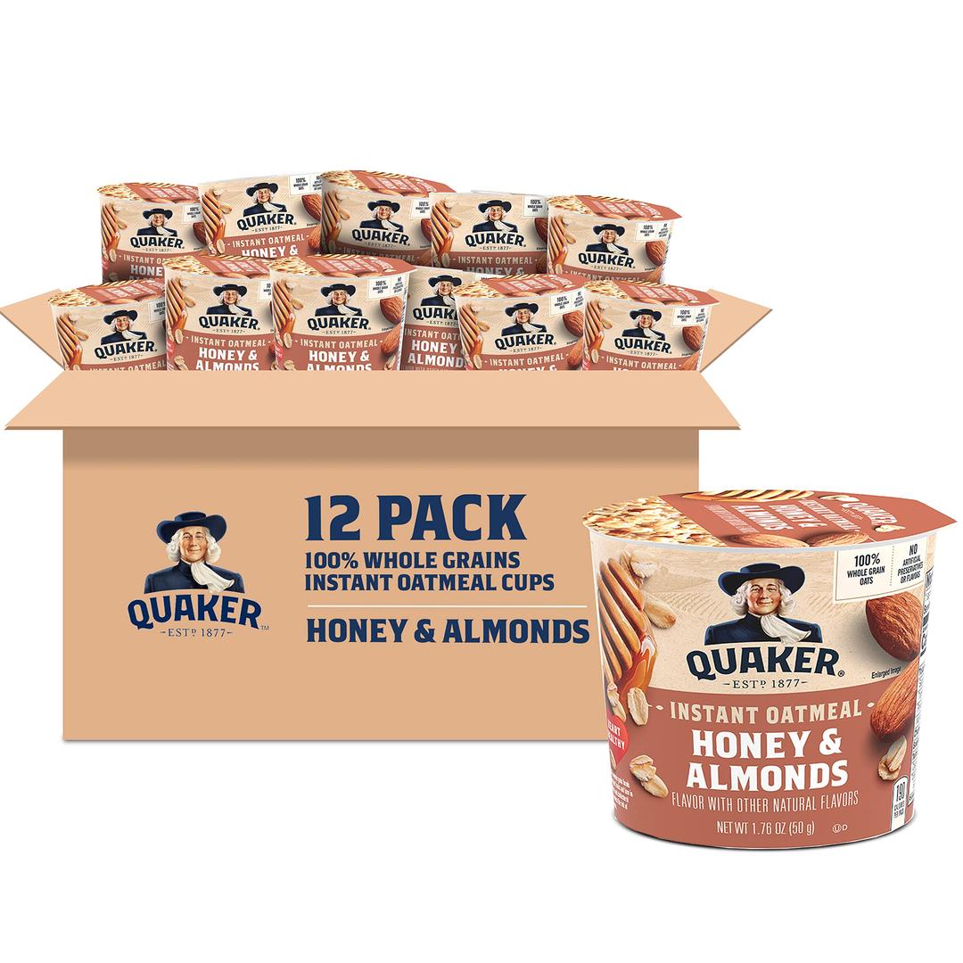 QuakerInstant Oatmeal Express Cups, Honey & Almonds, 1.76 Ounce (Pack of 12)