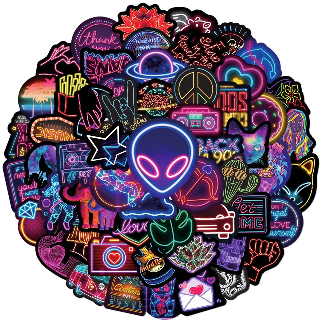 100Pcs Cool Neon Light Stickers for Kids Teens Adults, Trendy Graffiti Waterproof Vinyl Neon Stickers Pack for Water Bottle, Guitar Skateboard, Luggage, Phone